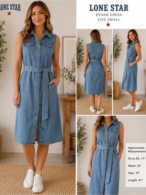 NWT Lone Star Denim Shirt Dress Belted Button Front Midi Size Small